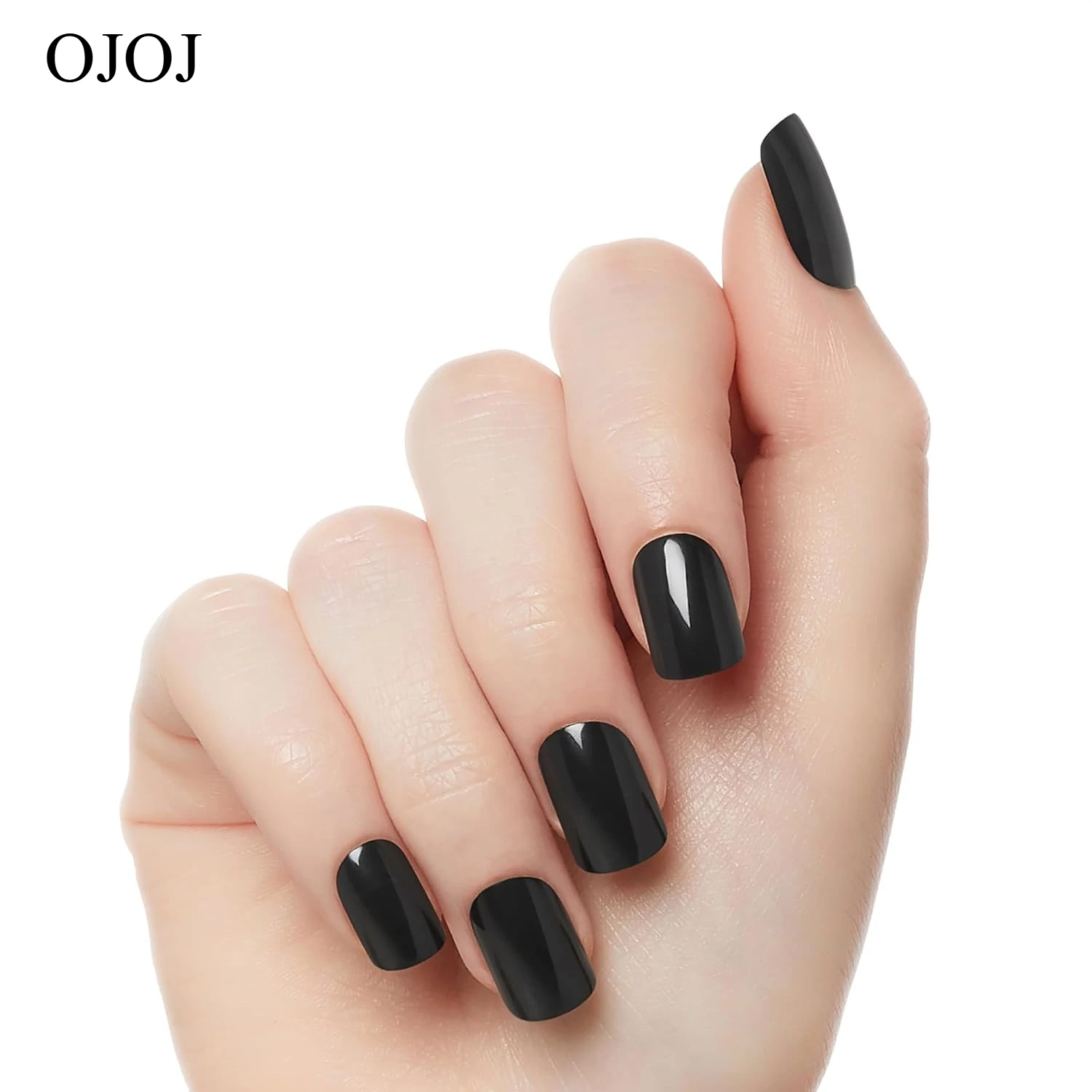 OJOJ Solid Black Glitter Press On Nails Wiederverwendbare künstliche Nägel Salonqualität Mehrere Größen Starker Halt