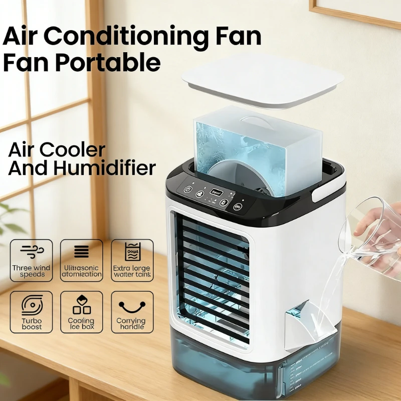Tragbarer Klimaanlagen-Ventilator, Desktop-Doppelsprüh-Ultraschallzerstäuber, 3-stufiger, leiser Luftkühler mit Nachtlicht, elektrischer Ventilator für Zuhause