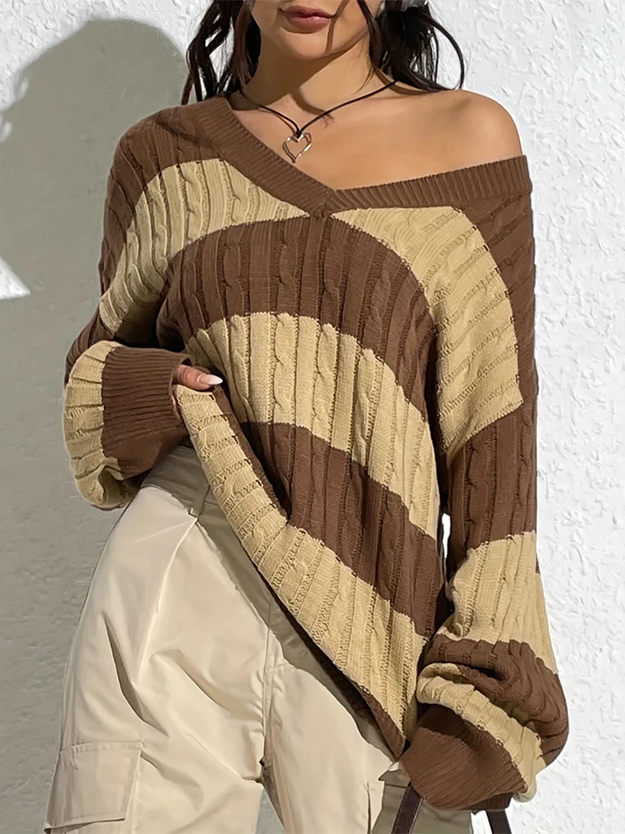 Fashion Color Block V Neck Cable Knit Sweater Casual Long Sleeve Drop Shoulder Sweater Y2k Vintage Women's Clothing