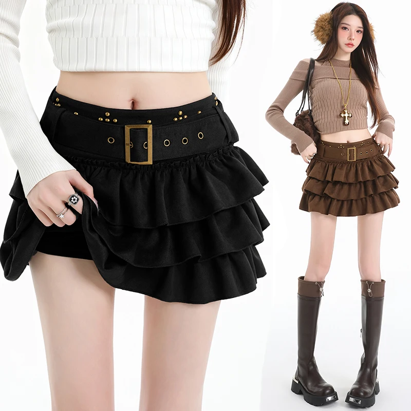 2026 Autumn Winter Y2K Leopard Cake Skirt Women Rivet Belt High Waist A-line Mini Skirt Anti-chafing Short Skirt