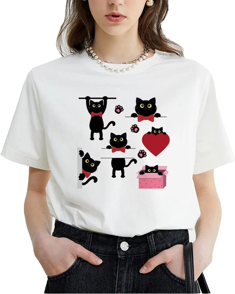 Funny Little Black Cats T-shirt New Style Summer Clothing Women Original Brand Casual Top Tees A023