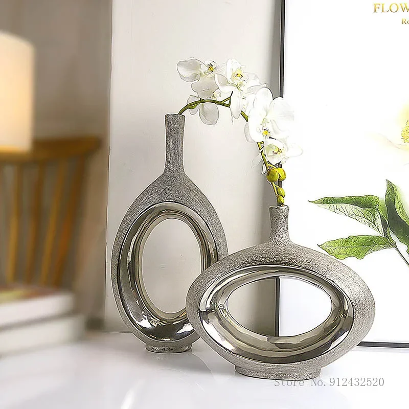 

European-style Electroplating Silver Ceramic Oval Vase, Home Bedroom Living Room Wedding Hotel Flower Shop Decoration Vases, 1Pc