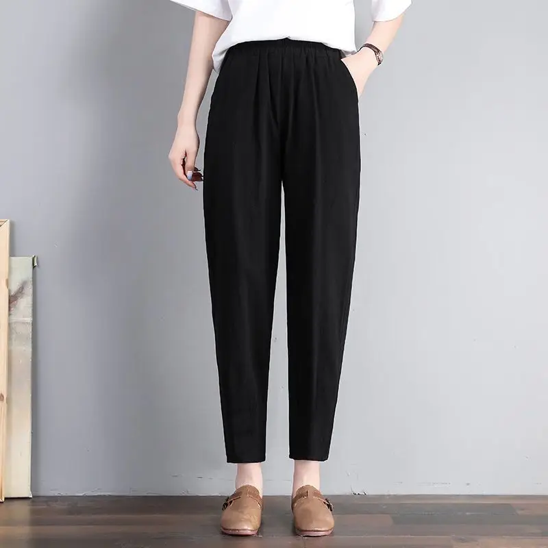 Pantalones informales de pierna recta holgados de lino y algodón para mujer, pantalones Harlan finos de verano para mamá, pantalones de calle cómodos y transpirables de talla grande