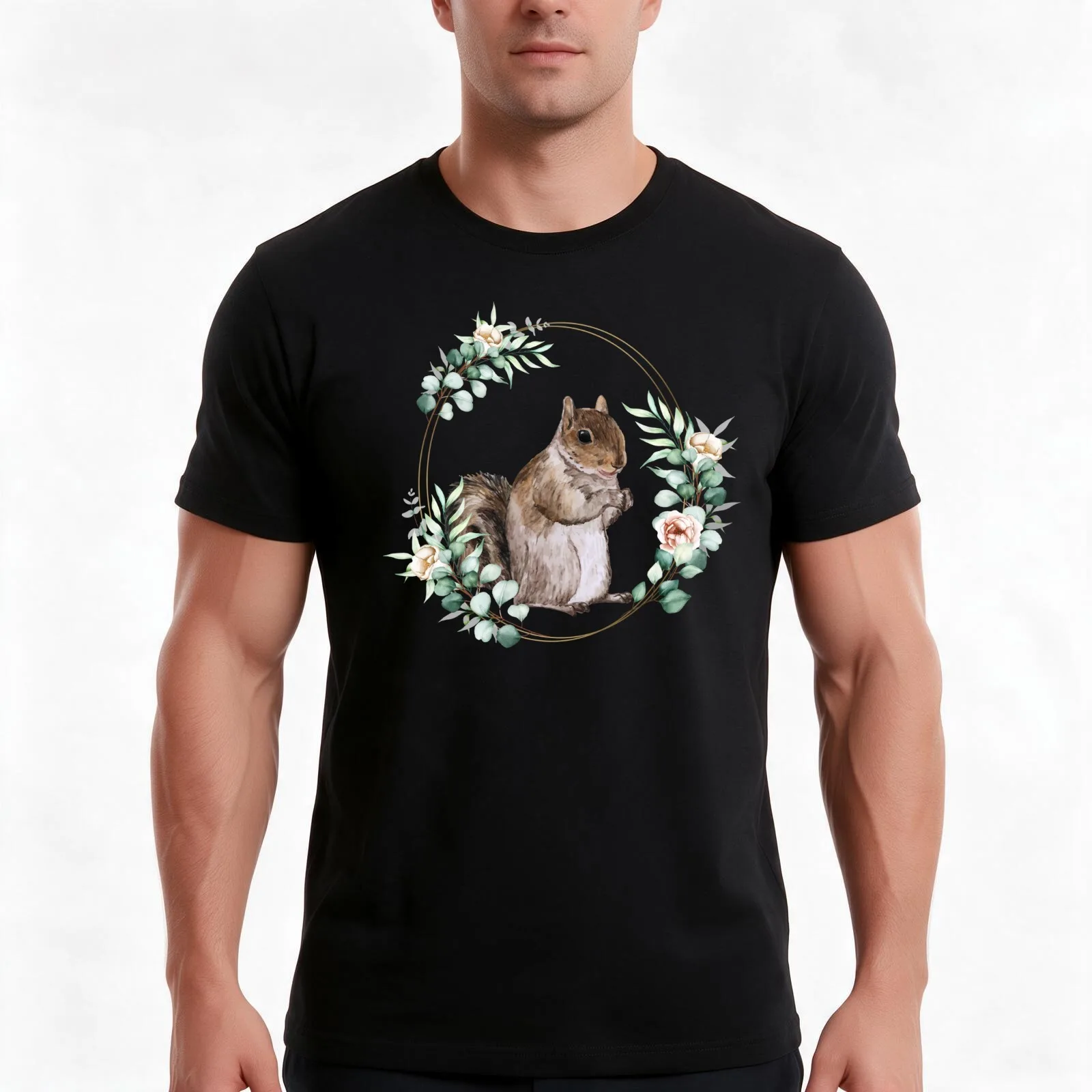 Squirrel in a Floral Gold Wreath Frame T-Shirt, Summer Casual Cotton Tee, Oversized Streetwear Tops, Vintage Graphic Print