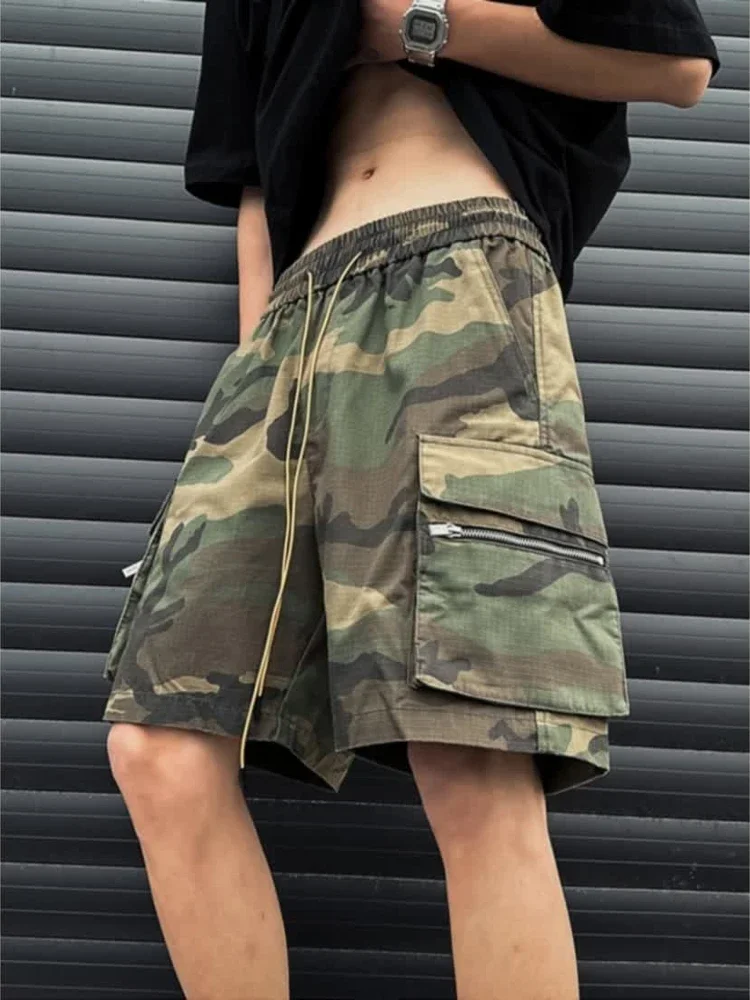 

Камуфляжные камуфляжные шорты-карго с эластичной резинкой на талии, широкие мужские шорты-карго с завязками, мешковатые мужские короткие брюки, свободные большие размеры, роскошные высокие