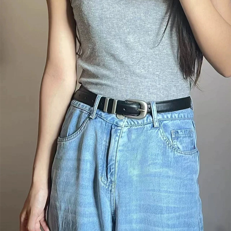 Unisex-Vintage-Gürtel aus echtem Leder, Rindsleder-Bund, Schwarz mit silberner Schnalle für Damen und Herren, modischer Gürtel für Jeans und Hosen – Detail 4