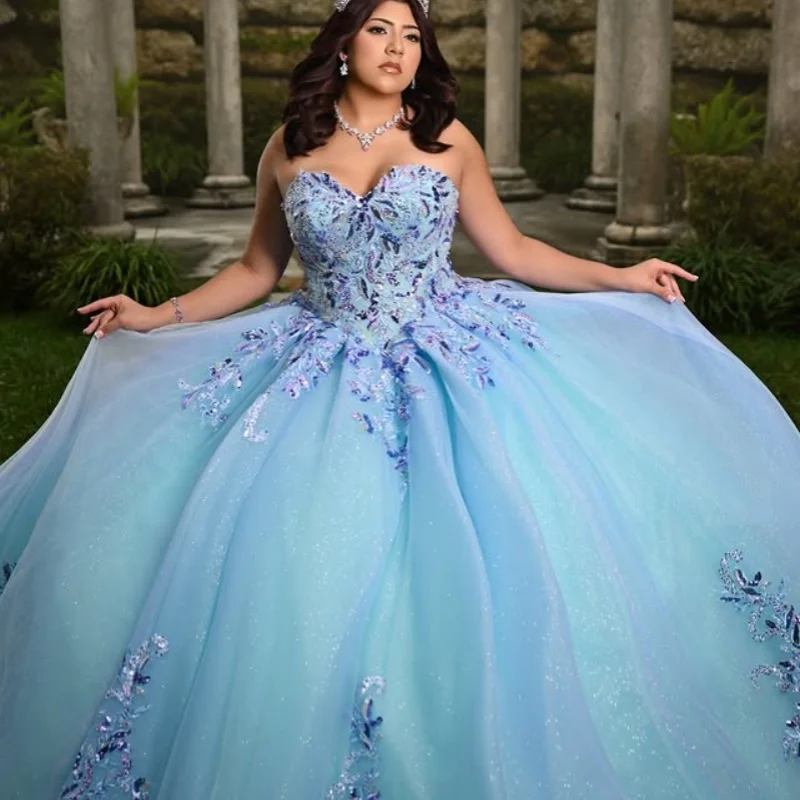 

Shiny Blue Quinceanera Dress Sequins Decal off-shoulder Long tail Lace Vestidos De 15 Quinceanera ﻿Customize