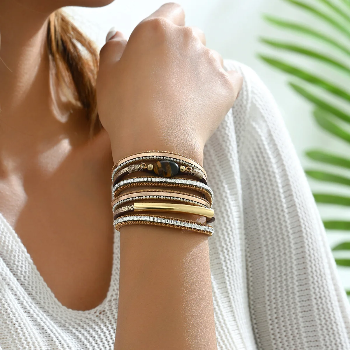 

Fashion Rhinestone Chain Leather Bracelet for Women Men Vintage Mulilayer Wrap Wide Bracelets Bangles Jewelry