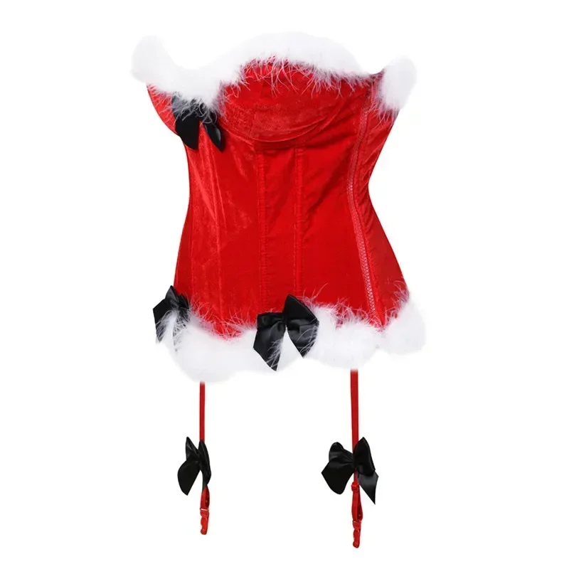 Vermelho feminino natal santa traje bustier overbust espartilho superior penas aparar espartilhos bowknot bustier sem alças sexy colete