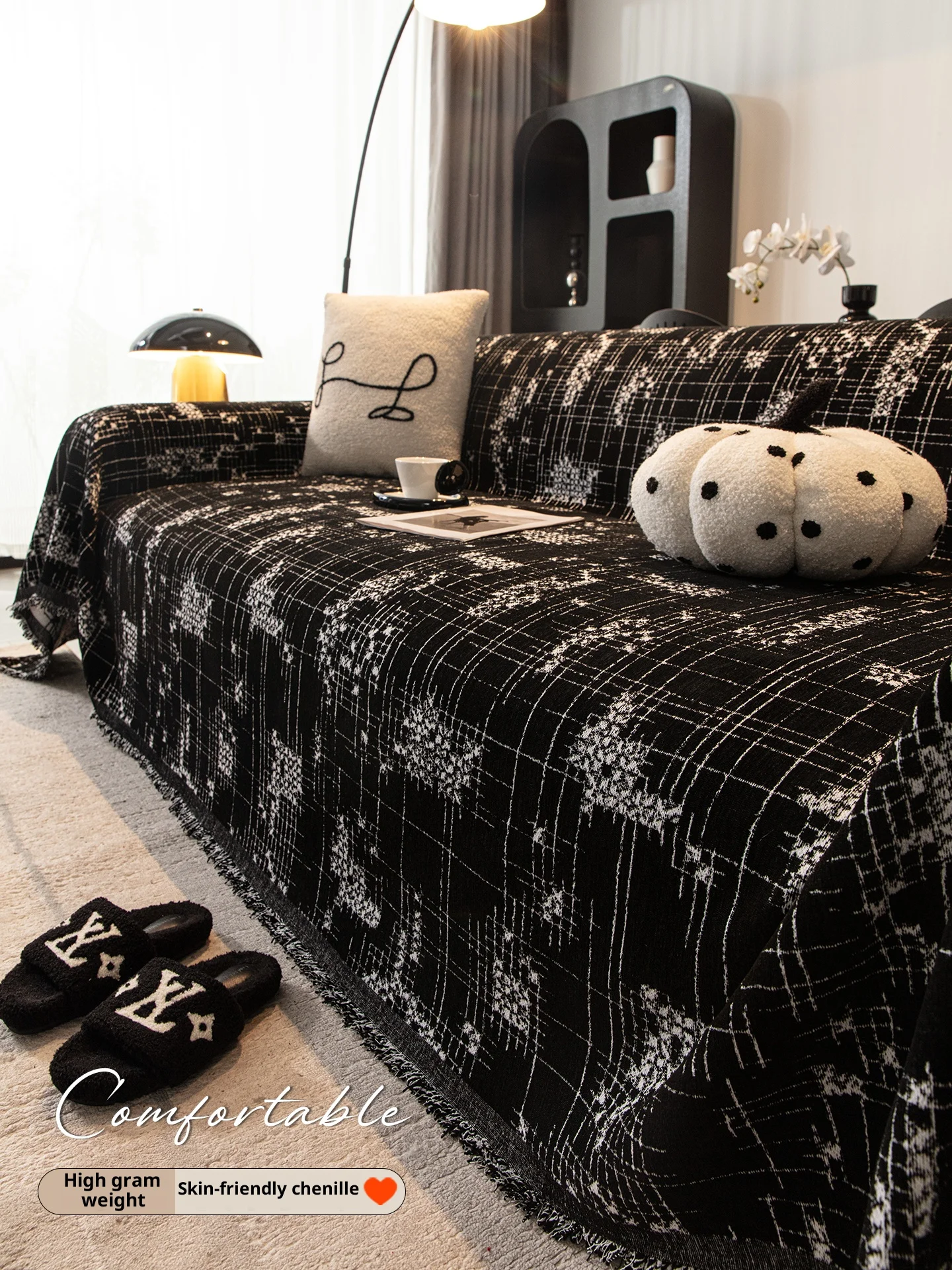 غطاء أريكة أسود سميك مقاوم للقطط، غطاء كامل من الشنيل لشكل L وواقي قابل للعكس بمقعد 2/3/4 #1