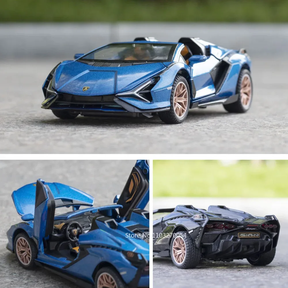 1/32 SIAN SCV12 juguetes modelo de coche aleación Diecast coches deportivos cuerpo de Metal neumáticos de goma puertas abiertas sonido luz tirar hacia atrás regalos para chico