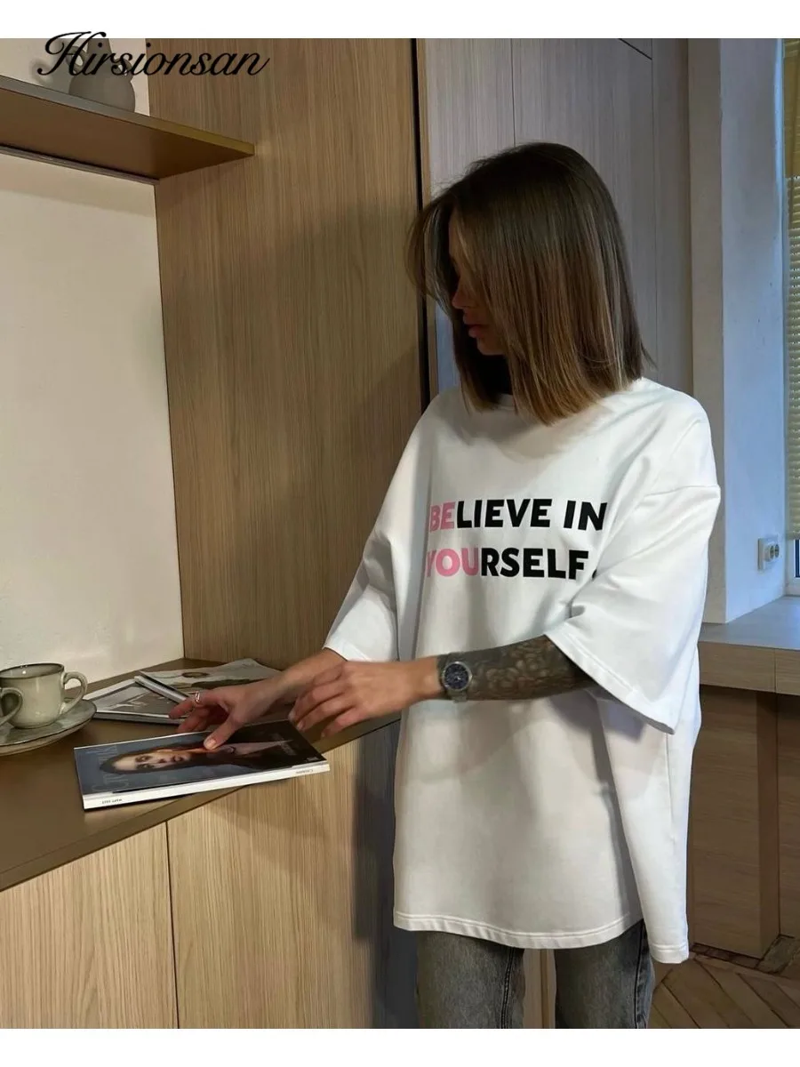 

Футболка Hirsionsan из 100% хлопка для женщин, лето 2026, новая, оверсайз, однотонная, повседневная, элегантная, с круглым вырезом, свободный крой