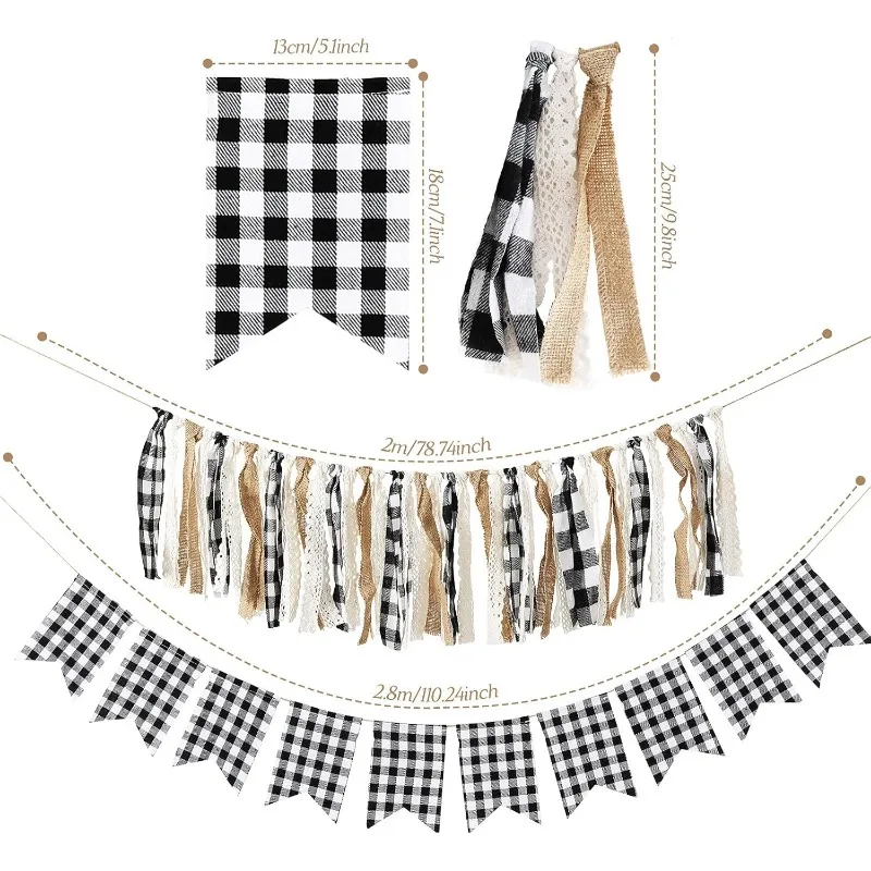 Christmas Buffalo Check Plaid Cotton Banner White Black Tassel Garland Lace Burlap Bunting for Mantel Wall Party Flag Decoration