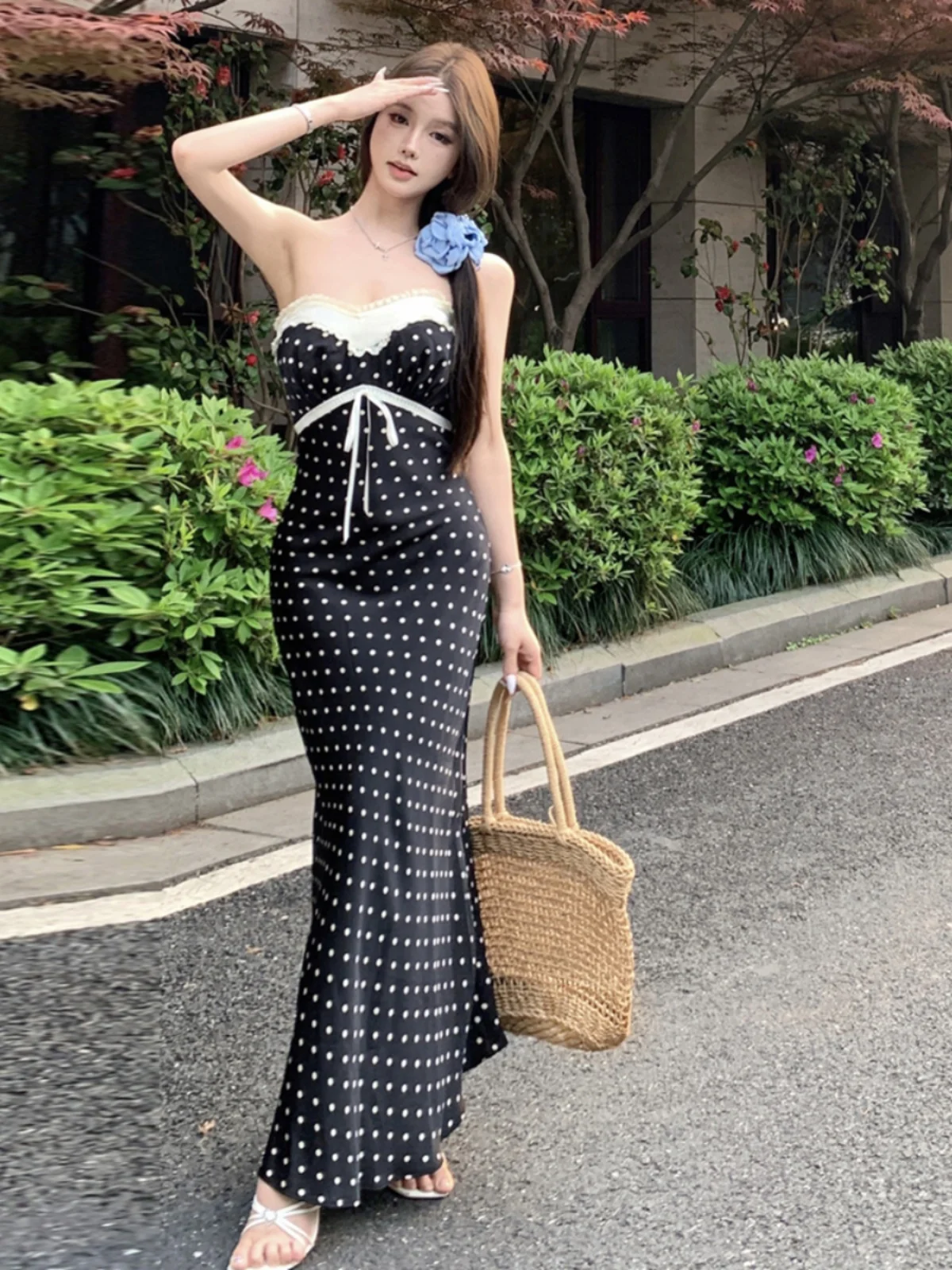 

Sweet Retro Polka Dot Ruffle Bridesmaid Dr Sexy Waist Cinching Butt Covering Fi Tail Long Dr with Knot