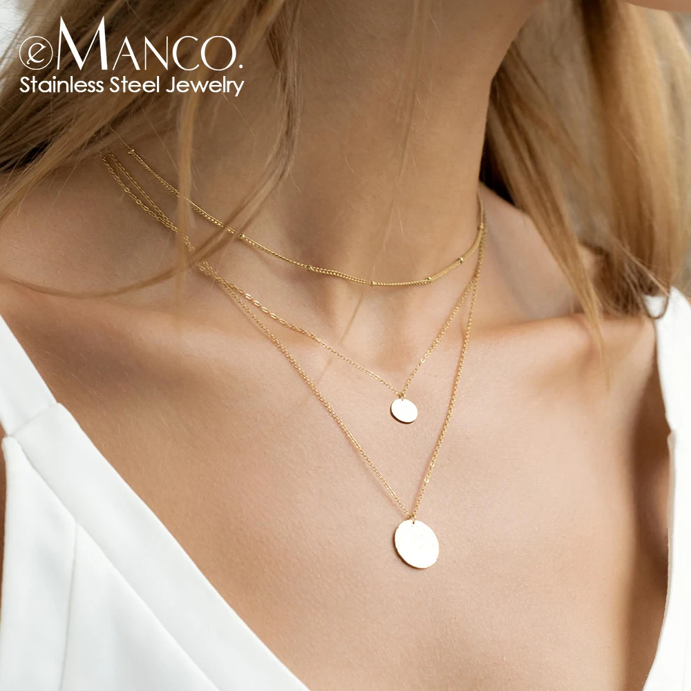 eManco Stainless Steel Layered Necklace Women's Gold Plated Round Pendant Fashion Jewelry Holiday Gift