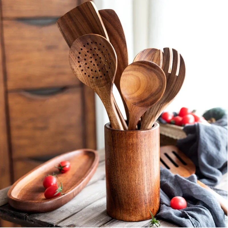 Teak Wood Non-stick Pot Wooden Spatula Long Handle Wooden Spatula High Temperature Vegetable Spatula Kitchenware Set