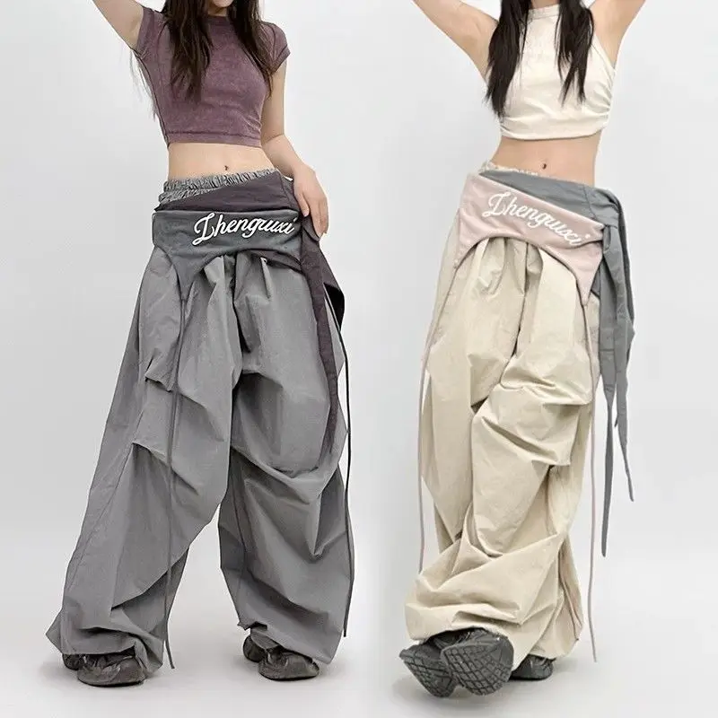 American High Street Trendy Brand Layered Spicy Girl Curved Casual Cargo Pants Women Loose Jazz Hip-Hop Wide Leg Long Pants