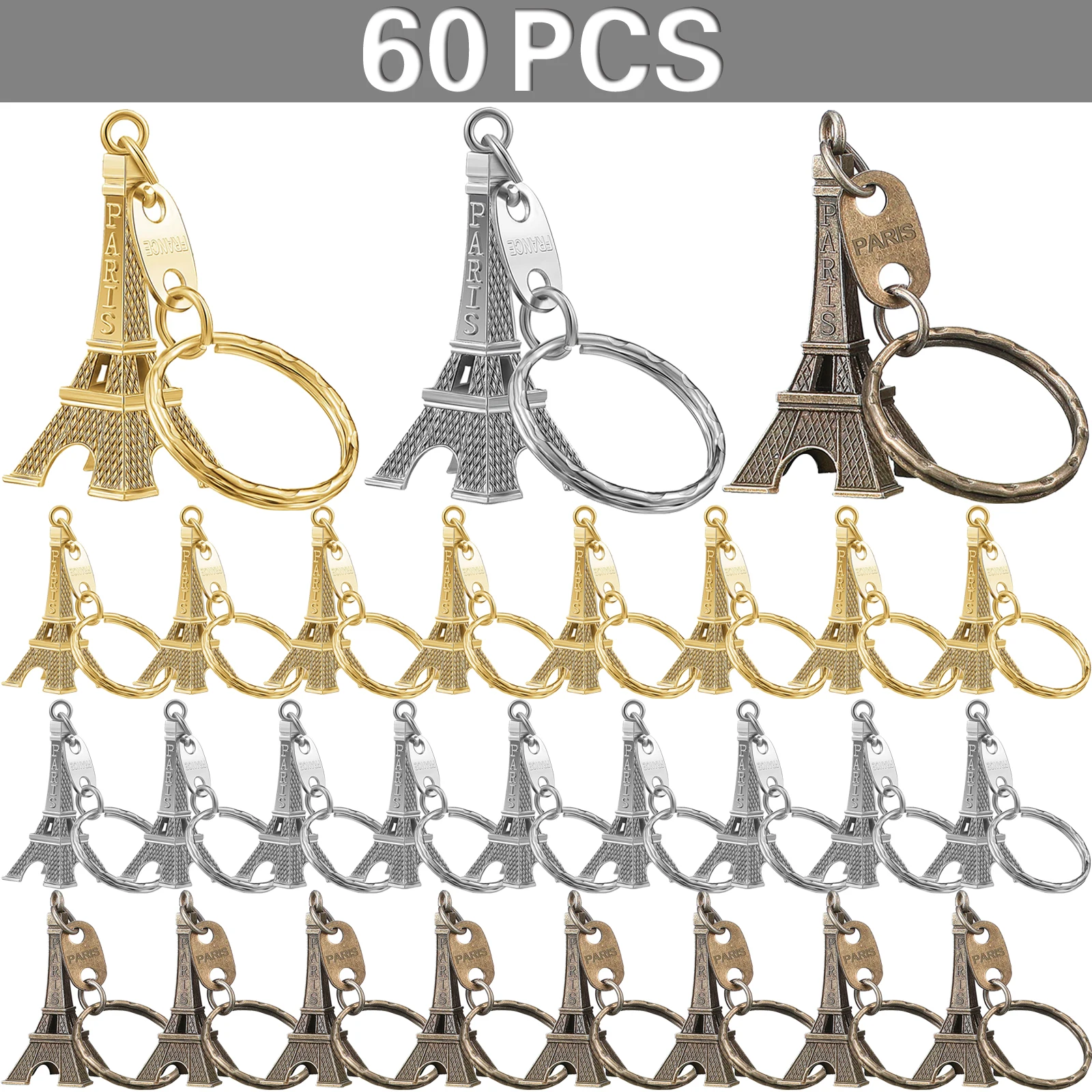 60Pcs Eiffel Tower Key Chain Key Ring Car Motorcycle Keychain Height Metal Creative Model Keyring For Christmas Gift 3 Colors