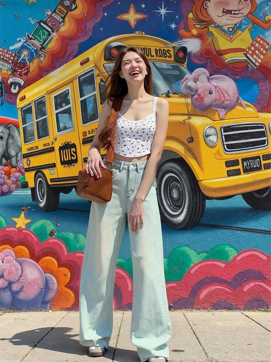 Damskie jeansy z szerokimi nogawkami, postarzane, z panelami, plisowane, łączone, w stylu koreańskim, eleganckie, drapowane, o długości do podłogi, typu barrel.