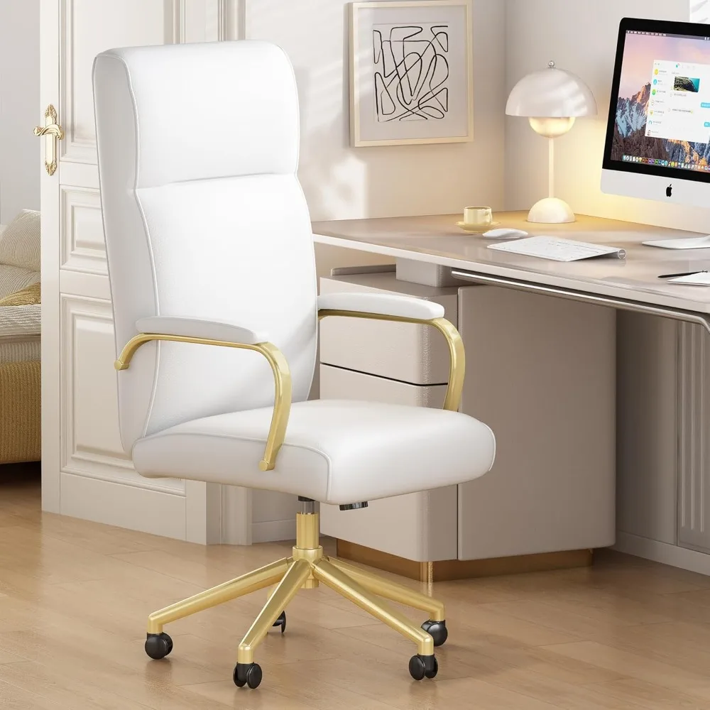 

White and Gold Office Chair, High Back Office Chair for Women, Modern Desk Chair Comfy with Arms, Leather Executive Office Chair