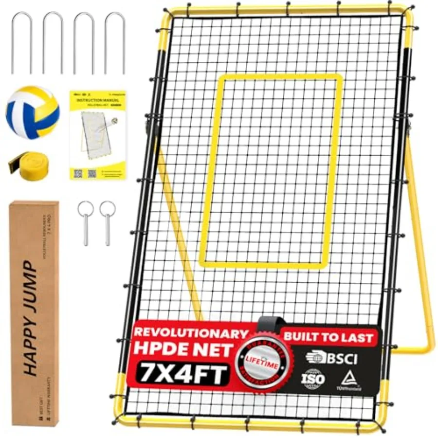 

7x4 FT Portable Volleyball Rebounder Net 5 Adjustable Angles Bounce Back Trainer Heavy-Duty Steel Frame and 45-Ply Net Target P