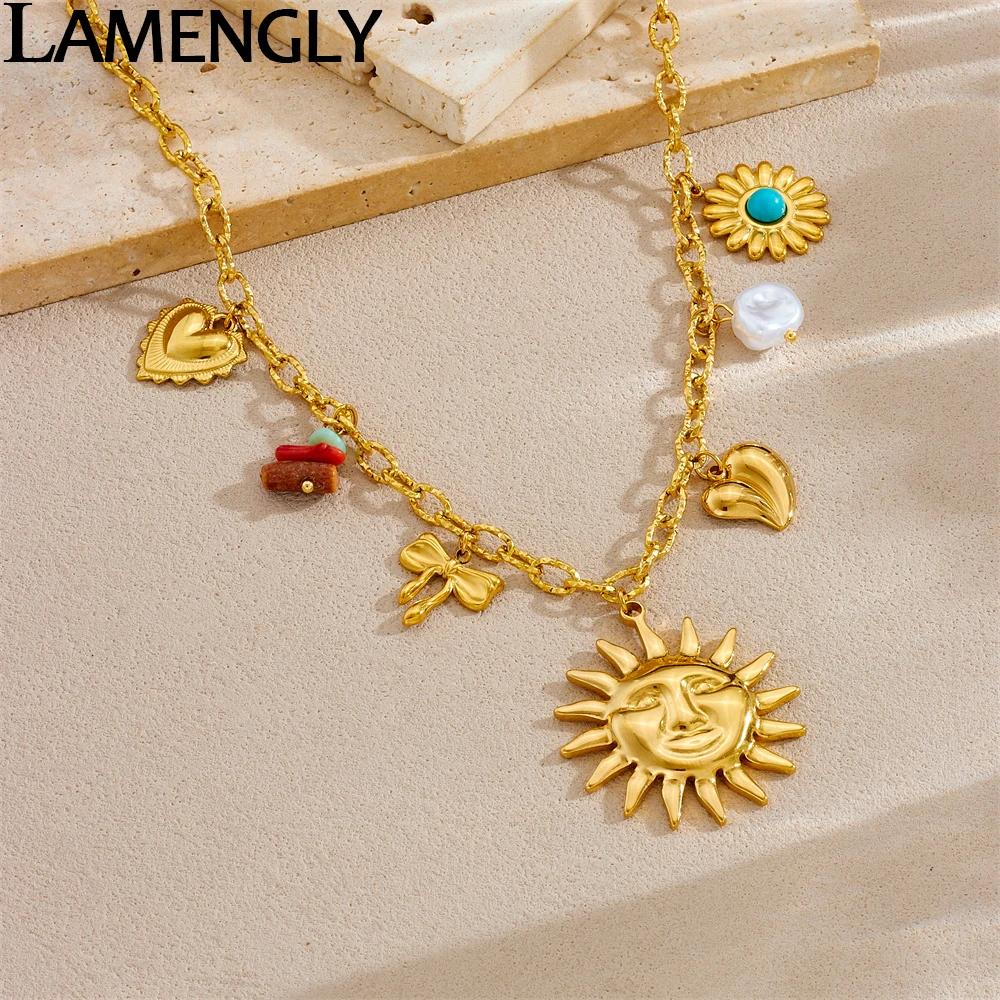 

LAMENGLY 316L Stainless Steel Hyperbole Face Sun Flower Heart Bow Pendant Necklace Women Niche Personalized Clavicle Chain Gifts