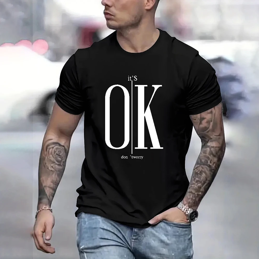 2024 Men's Street Ok Letter Print T-shirt Summer Men's Casual Short Sleeve Tops Oversized Hipster T Shirts Clothing New Menswear