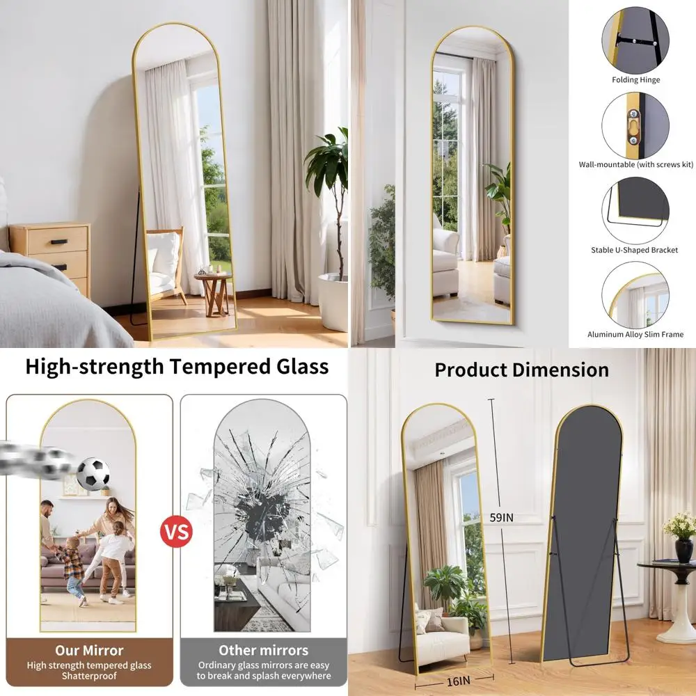 Espelho de piso de alumínio de comprimento total com suporte, 59 x 16, ideal para parede ou quarto, opção versátil de suspensão ou inclinada