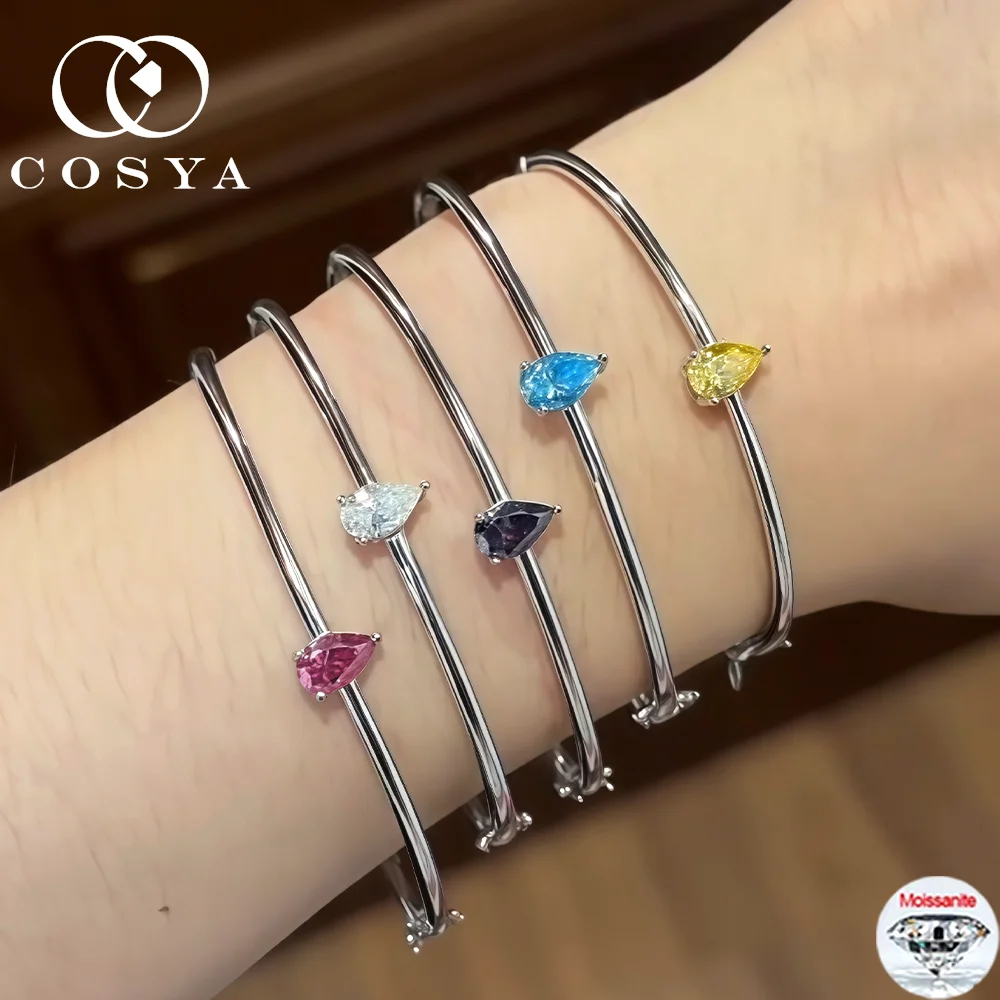 

COSYA 1CT Pear Cut Moissanite Solitaire Bangle For Women 100% S925 Silver D Color Lab Diamond Bracelet Party Fine Jewelry Gift