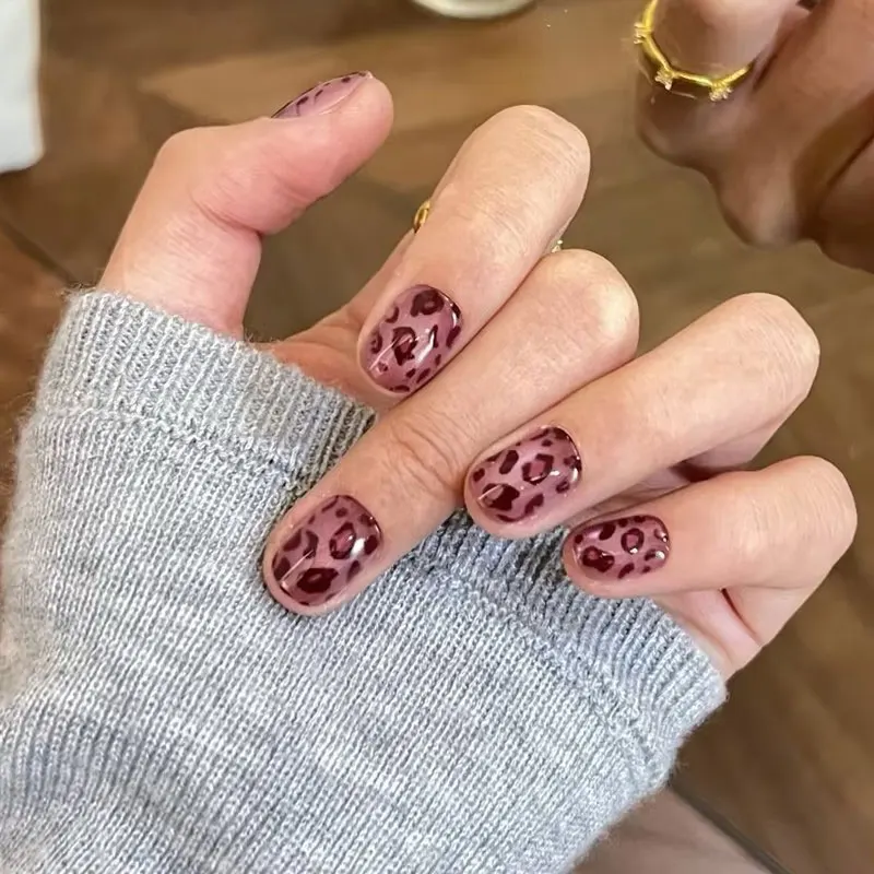 10 Stück Französischer Stil Leopardenmuster mit Katzenaugen-Effekt Aufklebbare Nägel Kurze Ovale Form Hochwertige Nagelspitzen Maniküre-Aufkleber Nagelkunst – Detail 10