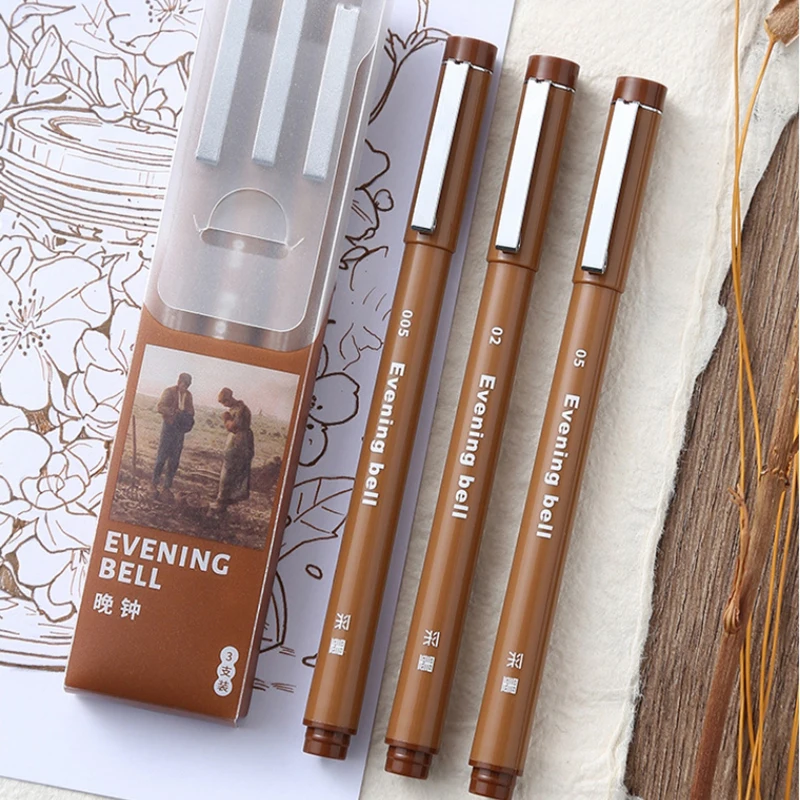 3pcs Set Brown ink Waterproof Hook Pen Water-based Pigment Neelde Pen Fine Liner Sketch Drawing Marker Pen Manga Art Supplies