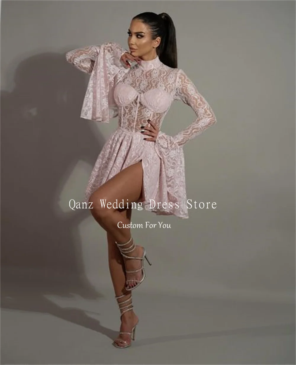 Qanz Chic Lace Prom Dresses Pink Long Sleeves Vestidos De Graduación Short A Line See Through Party Dresses Women Customized