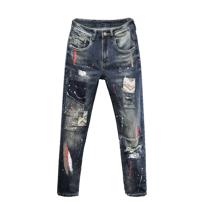 Personality Design Stitching Men's Jeans Slim Fit Ankle Tight Trousers Youth Trendy All-Match Stitching Motorcycle Tight Pants