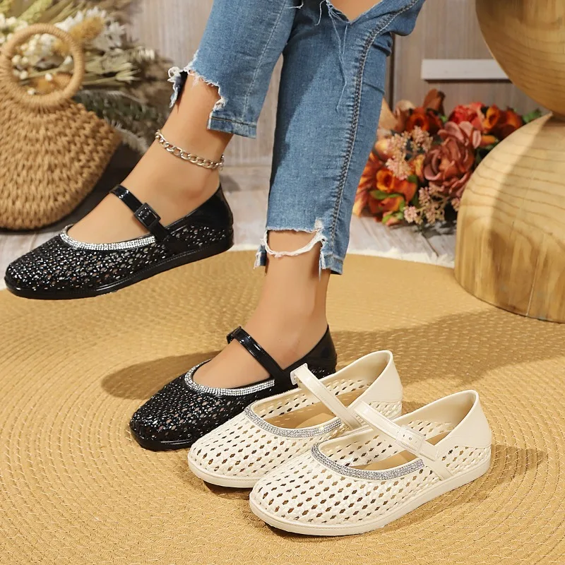 

Spring and Autumn Women's Weaving Style Hollow Out New Rhinestone Embellishment Single Shoes Women One-word Buckle Strap Shoes