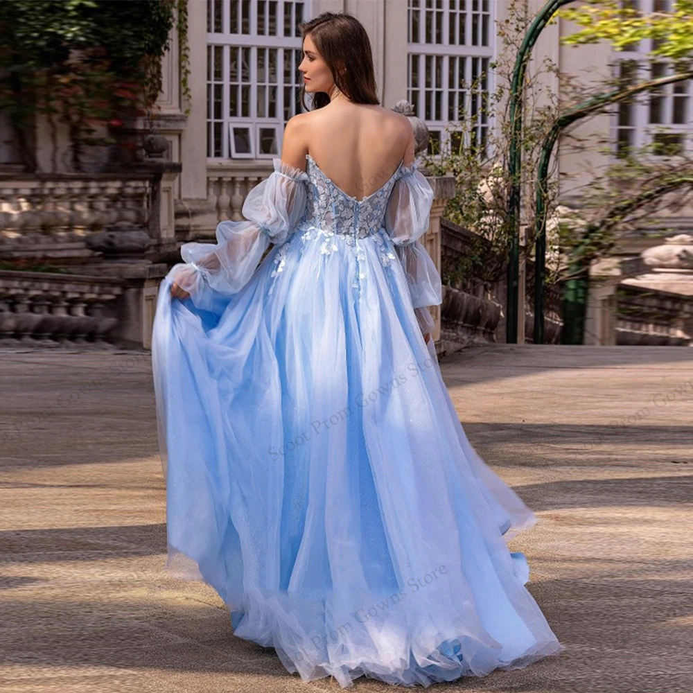 Império azul vestidos de noite para meninas 2025 personalizado fora do ombro vestidos de baile com apliques novo tule macio robe de soirée verão