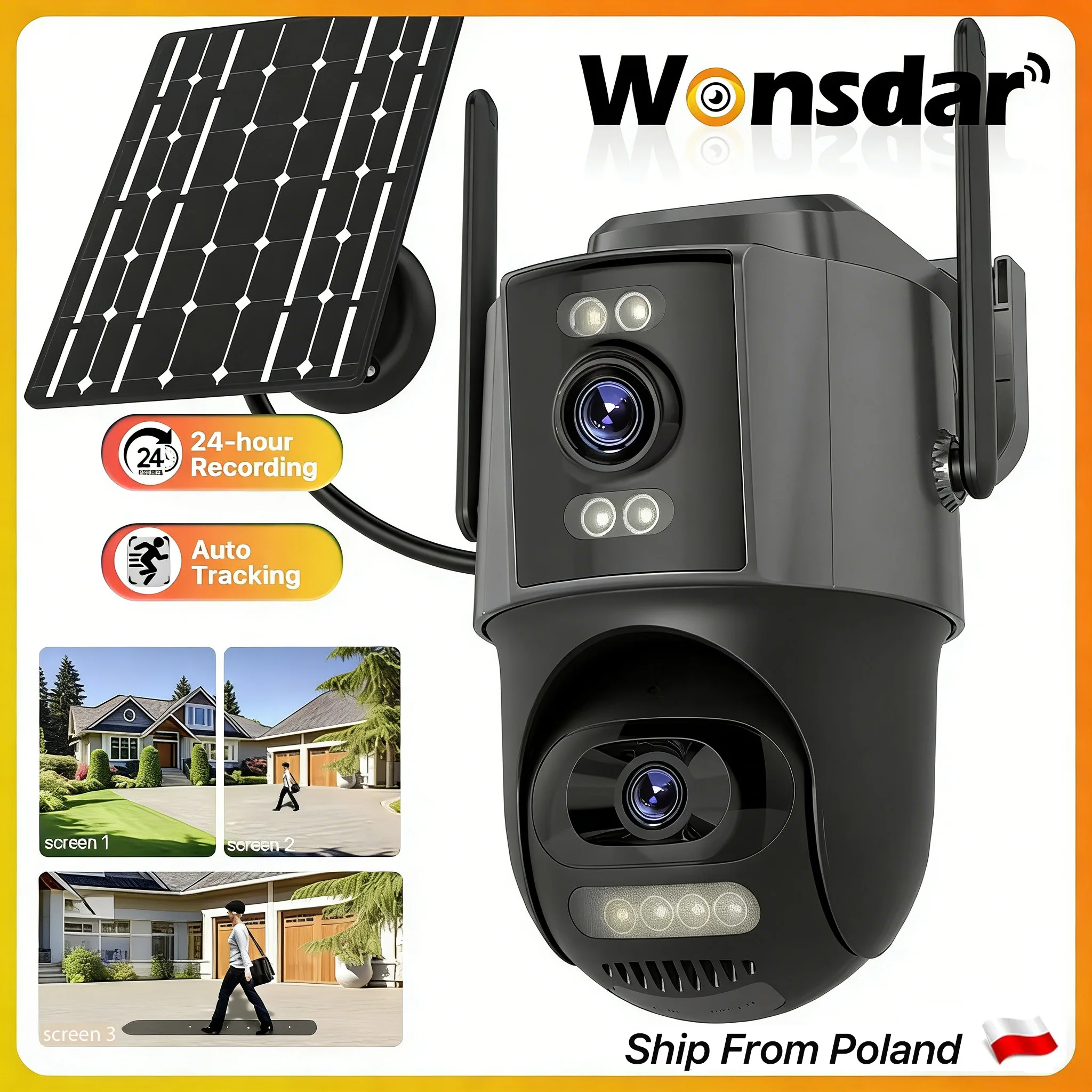 WONSDAR Telecamera WiFi solare a doppio obiettivo Sicurezza PTZ esterna Registrazione 24 ore Batteria incorporata Pannello solare Cam wireless Allarme PIR iCsee