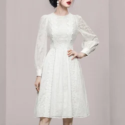 High Quality French Autumn White Embroidery Lace Dress Elegant Women Round Collar Puff Sleeve Ladies Slim Waist Party Clothes