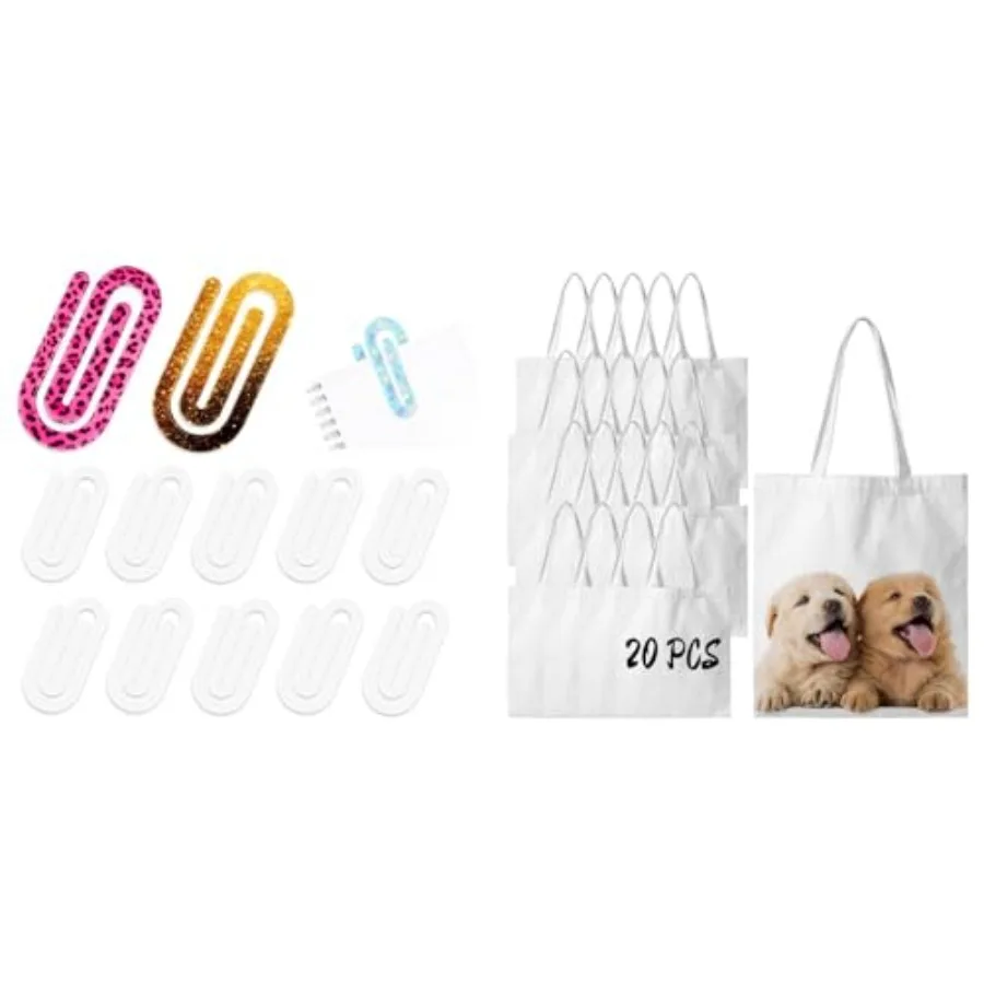 

Bundle of 12 Pcs Sublimation Blanks Bulk Acrylic Jumbo Paper Clips and 20 Pack Canvas Tote Bags Bulk Sublimation Blanks Tote Ba