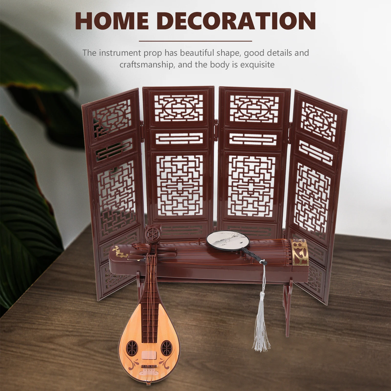 

4Pcs Simulation Ancient Furniture Model Fine Craftsmanship Mini Chinese Guzheng Pipa Fan Random Color Photo Prop Decorative Set