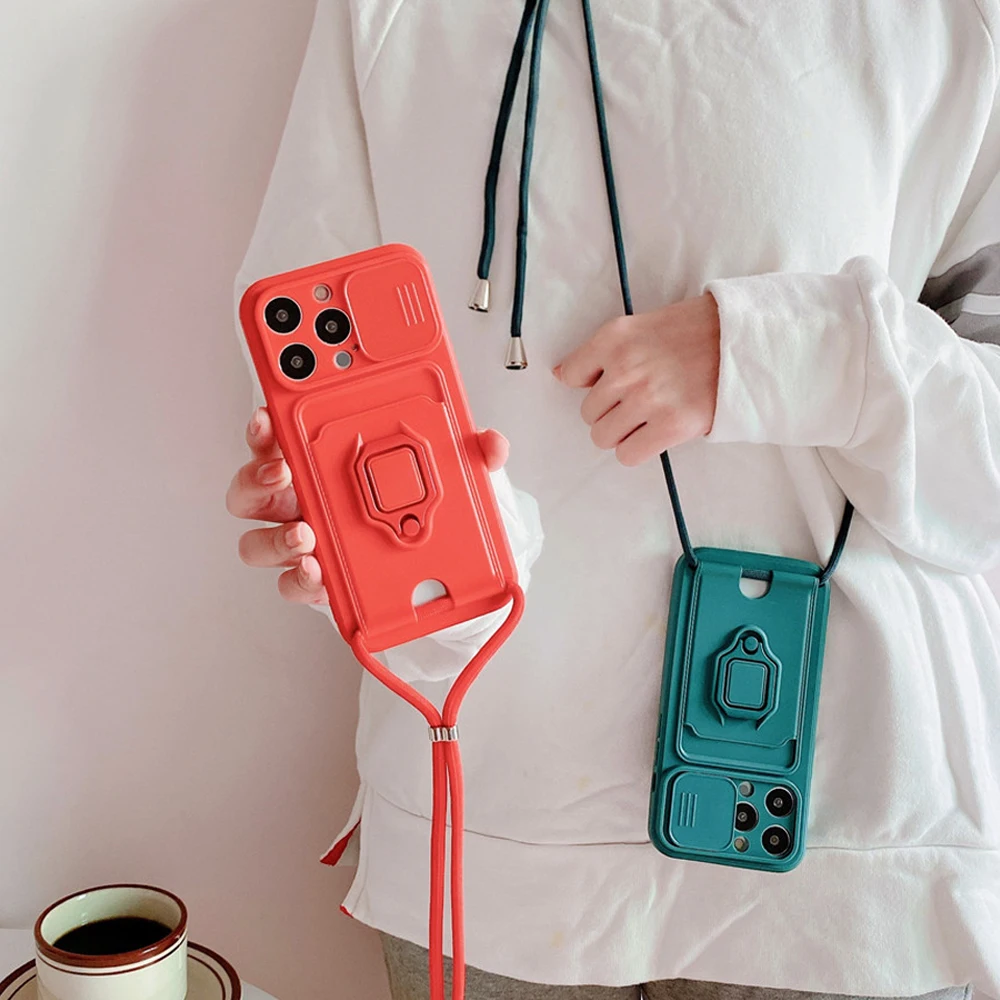 

Crossbody Lanyard Rope Magnetic Ring Holder Case For Xiaomi Poco X6 X5 X4 X3 M3 Redmi Note 13 12 11 10 9 8 Pro 9t A1 Card Cover