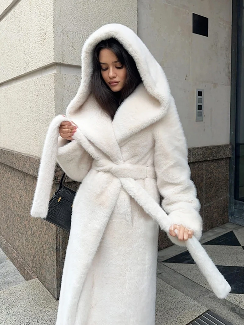 

ZADORIN 110cm Long Plush White Brown Faux Fur Coat Woman Luxury Hooded Belted Winter Fur Jackets for Woman Clothes Fur Faux Coat