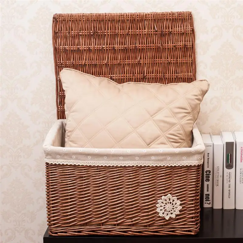 Wicker Basket Rectangular Woven Basket With Lid Countertop Storage Baskets Organizer Rattan Woven Basket Storage Container