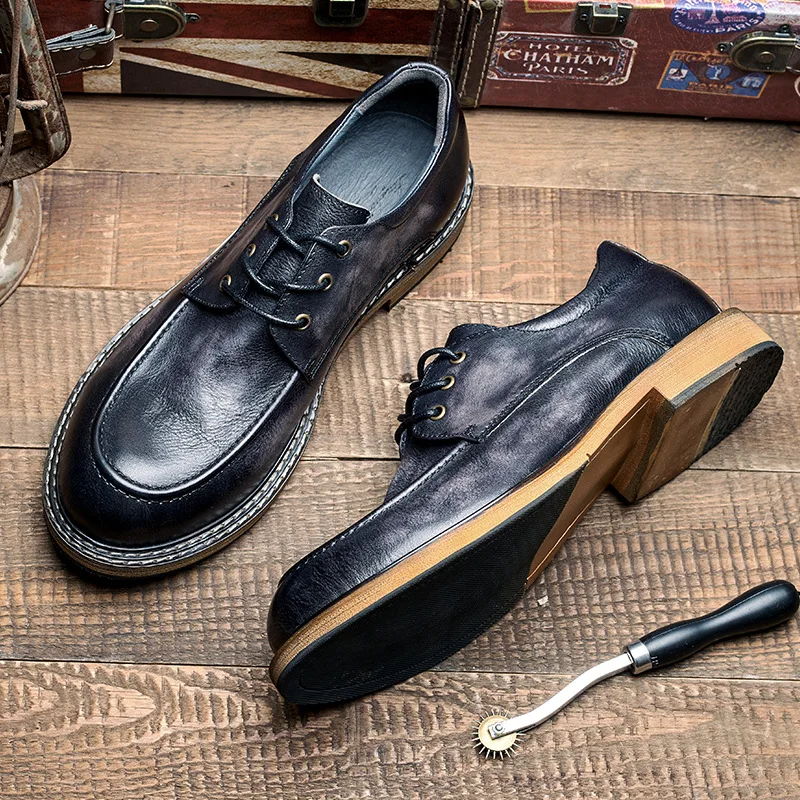 Genuine Leather Brogue Shoes Leisure Men's British Retro Lace-up Youth Daily Oxfords Classical Derby Shoes Trend