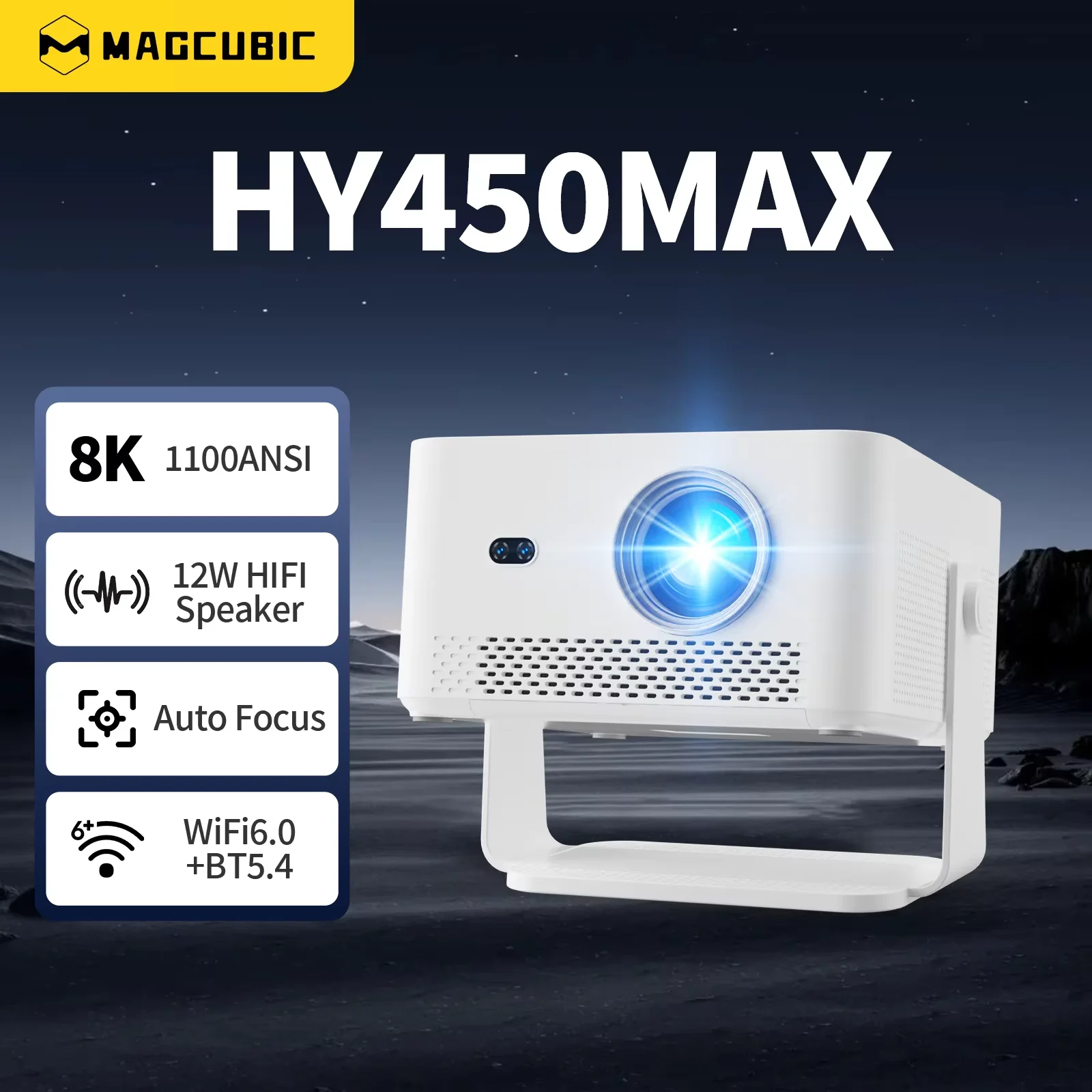 Magcubic Proiettore Portatile HY450MAX per Esterni, 1100 ANSI, 1080P, Auto Focus, Supporto 8K, Android 14, WiFi6, Mini Proiettore per Intrattenimento