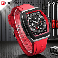 CURREN Men's Chronograph Watch Tonneau Case Design with Sport Silicone Strap Red and Black Quartz Wristwatches for Men