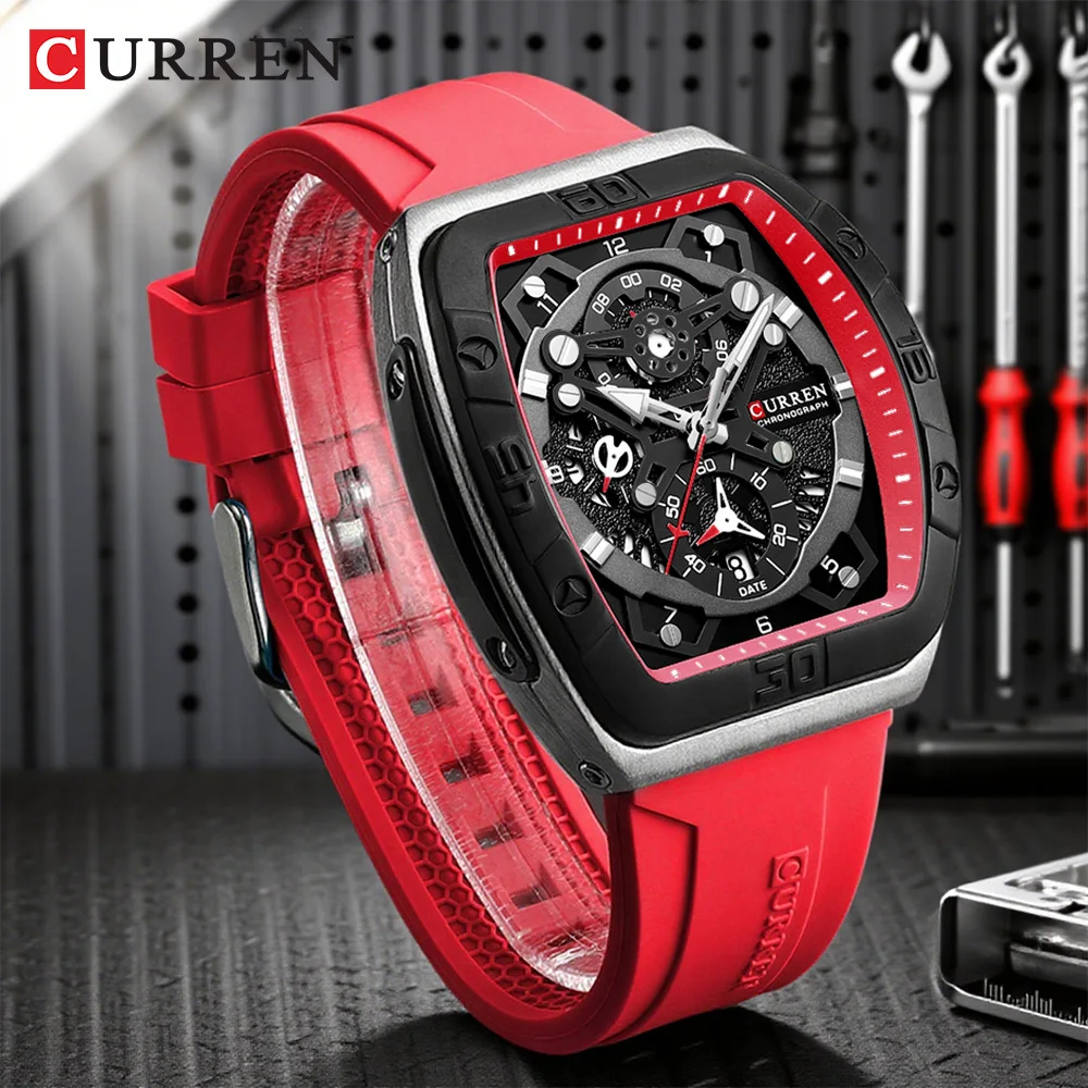 CURREN Men's Chronograph Watch Tonneau Case Design with Sport Silicone Strap Red and Black Quartz Wristwatches for Men