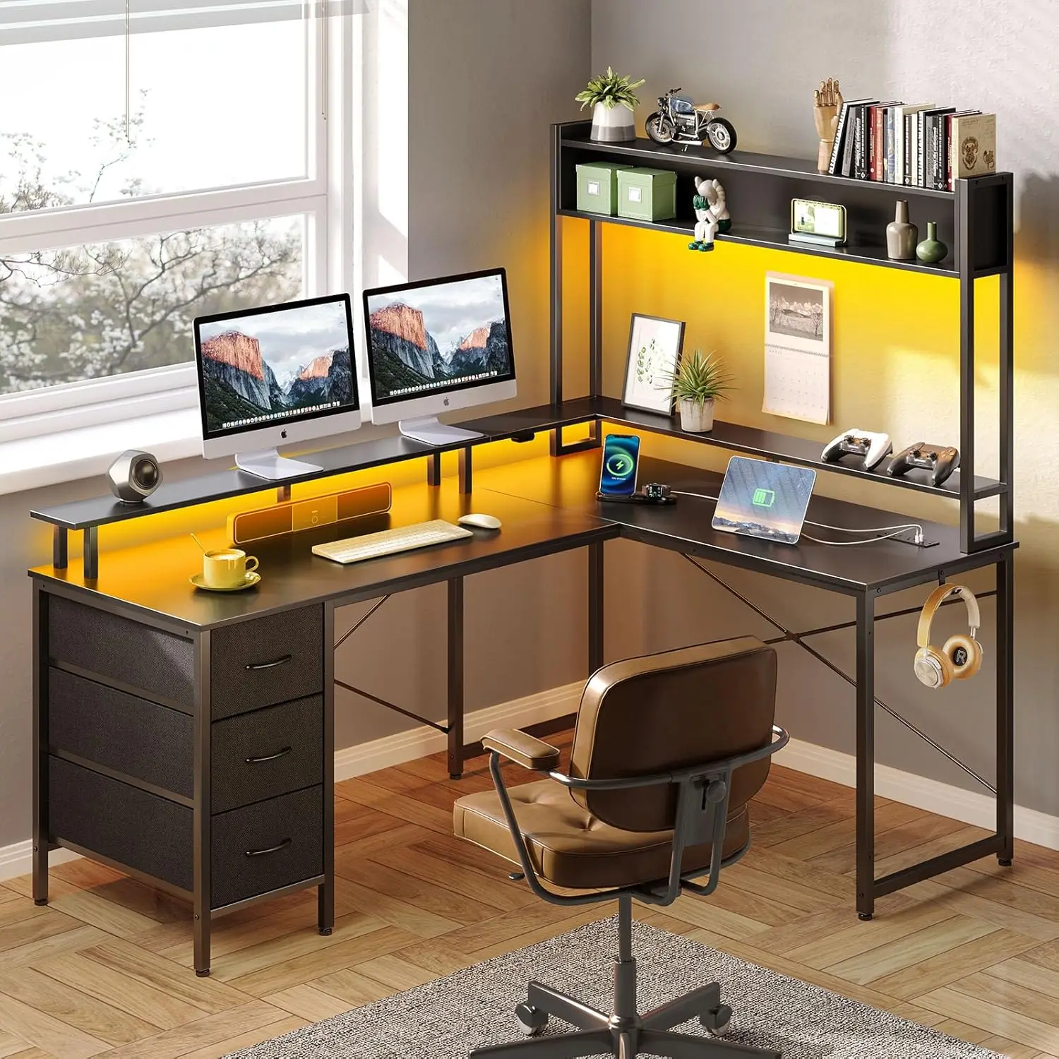 L Shaped Gaming Desk with Drawers, Reversible Computer Desk with LED Lights & Power Outlet, Home Office Desk with Mon