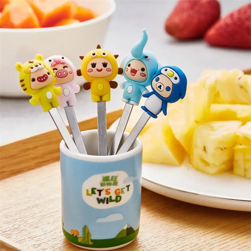 5PCS/SET Children's Stainless Steel Fruit Fork Crazy Zoo Fruit Sign Cartoon Fork Dessert Fork Snack Fork