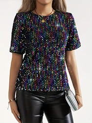 Colorful Sequin Crew Neck Blouse, Elegant Short Sleeve Blouse For Spring & Summer, Women's Clothing