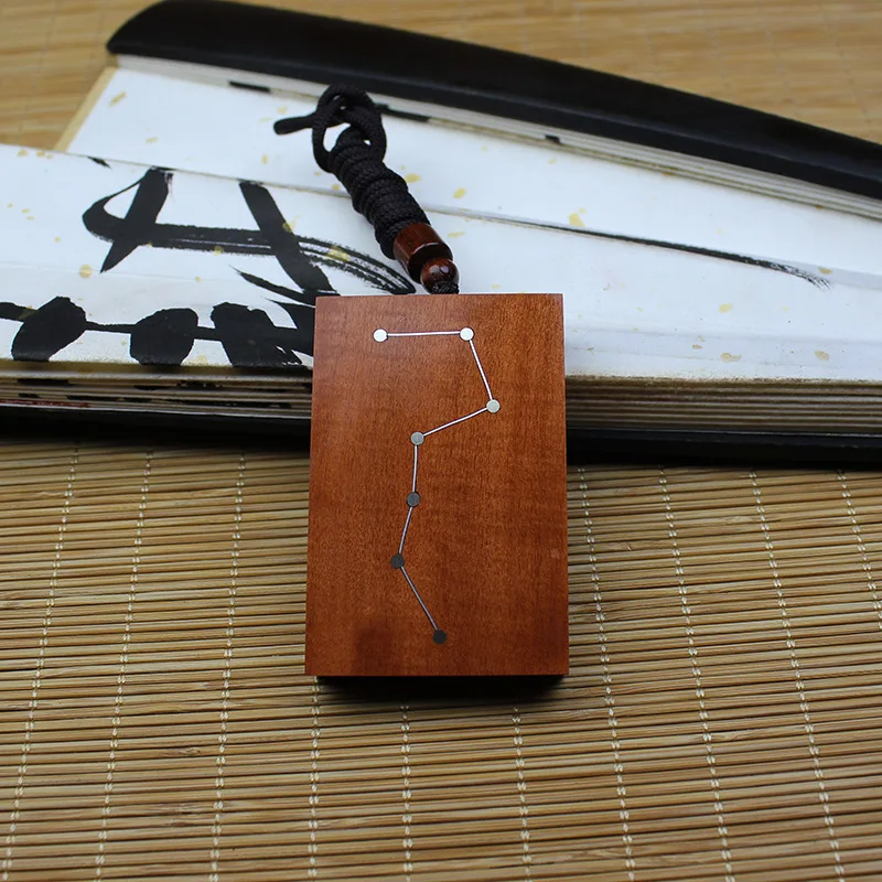 Chinese Style Thunder Struck Jujube Wood Silver Inlaid Big Dipper Pendant Double Sided Carved Lucky Blessing Fortune Peace Woode